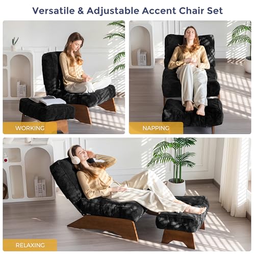 MAXYOYO Accent Chair with Ottoman Adjustable Backrest, Tufted Living Room Chair Upholstered Lounge Chair with Footrest Set