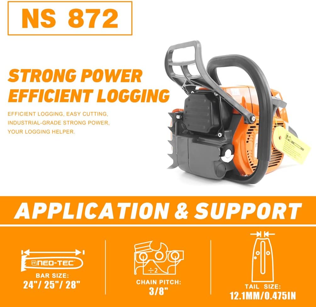 NEO-TEC NS872 Gas Chainsaw with 28 inch Guide Bar,2-Cycle 72cc Gasoline Power Chain Saws 3.6KW 4.9HP,All Parts Compatible with MS 038 381