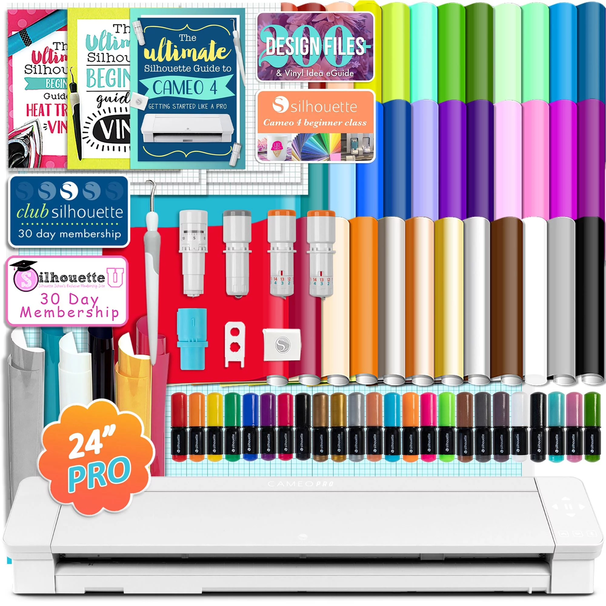 Silhouette Cameo 4 PRO - 24" w/ Advanced Blade Pack, 38 Sheets Vinyl, HTV, Pens