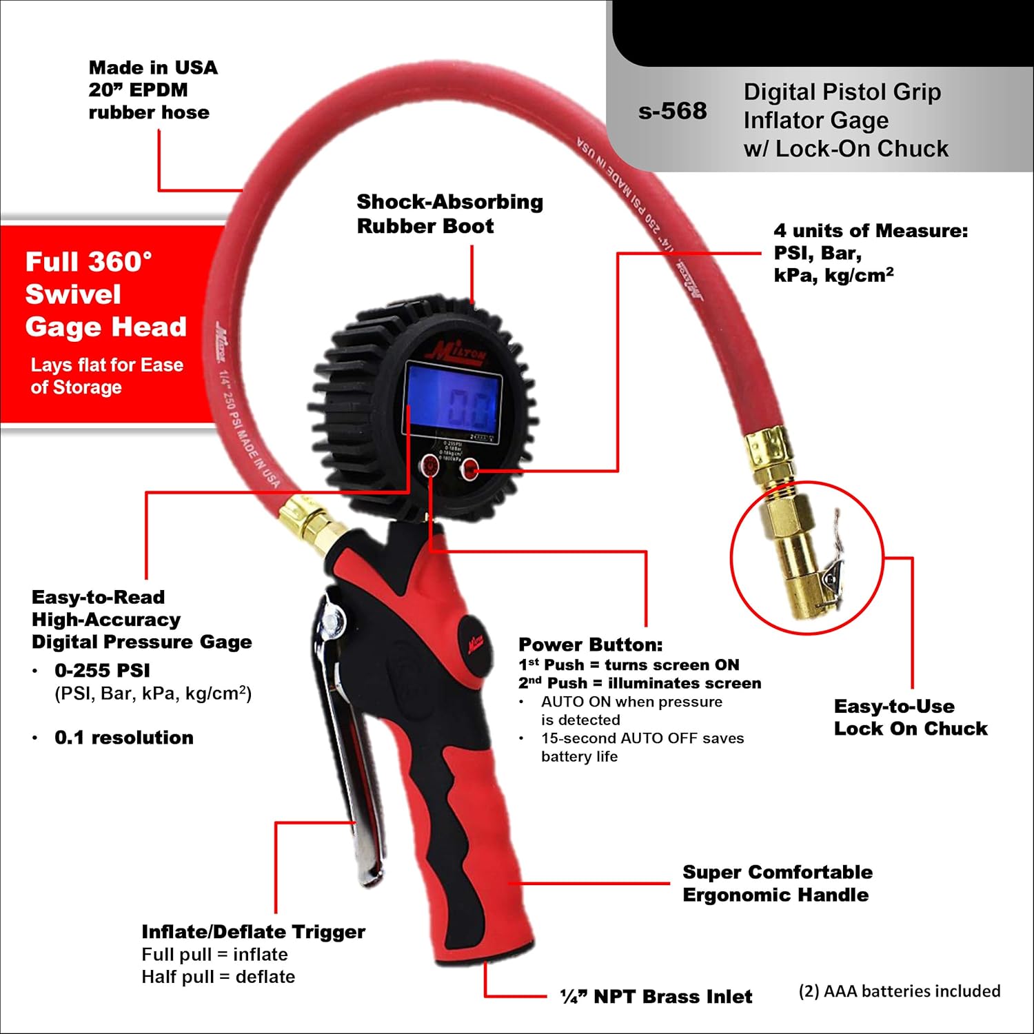 Milton Heavy-Duty Digital Tire Pressure Gauge and Inflator with Lock-on Chuck S-568, Easy to Read 0.1 Display, Pistol Grip Handle, 20” Hose