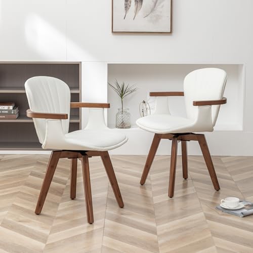 LUNLING Swivel Dining Chairs Set of 2, Mid Century Modern Gray Fabric+Faux Leather Kitchen Chairs with Arms,Bamboo Legs Side Chairs No Wheels
