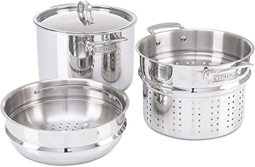 Viking Culinary 3-Ply Stainless Steel Pasta Pot, 8 Quart, Includes Pasta & Steamer Insert, Dishwasher, Oven Safe