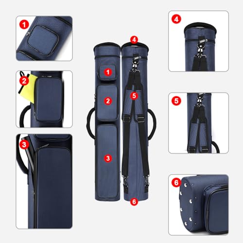 12-Hole Premium Nylon Pool Cue Case – Holds 8 Shafts & 4 Butts, Durable Double Shoulder Strap Design with 3 External Pockets (Black/Blue)
