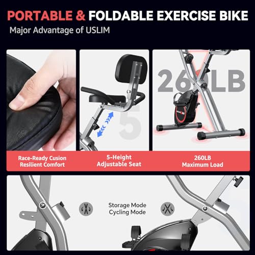 Foldable Exercise Bike Stationary Bikes for Home, 5 IN 1 Indoor Workout Bike, Cycling Bike with 16-Level Quiet Magnetic Resistance