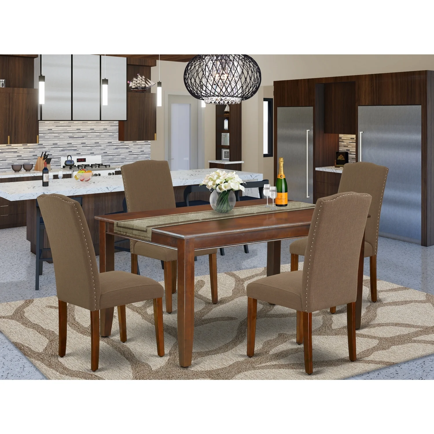 HomeStock Neo-Classical Nostalgia 5Pc Rectangle 60 Inch Dining Table And Four Parson Chair With Mahogany Leg And Linen Fabric Dark Coffee