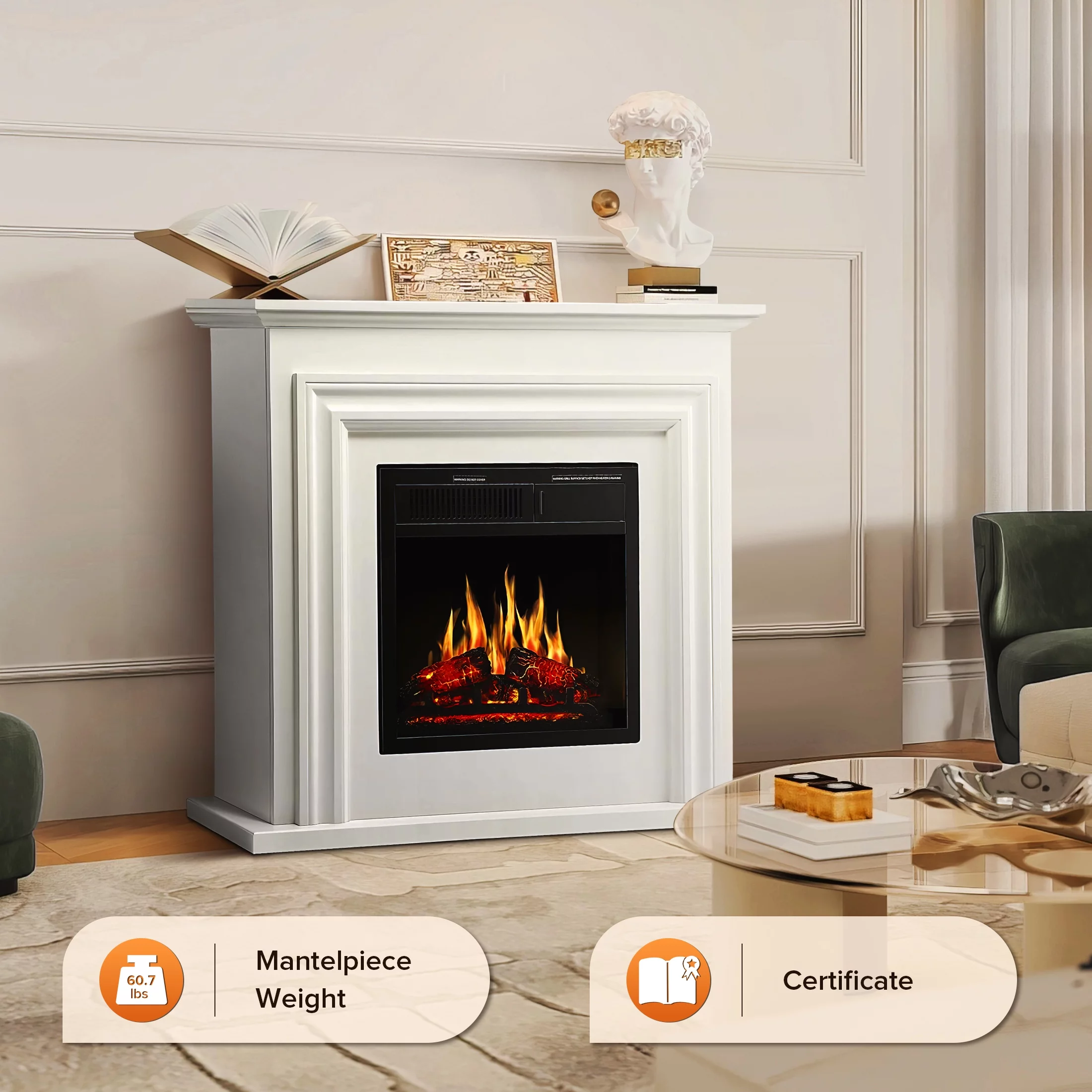 Auseo 36" Freestanding Electric Fireplace with Wood, White Mantel, Remote Control, For Rooms up to 400 Sq.Ft. Adjustable LED Flame & Heating Settings