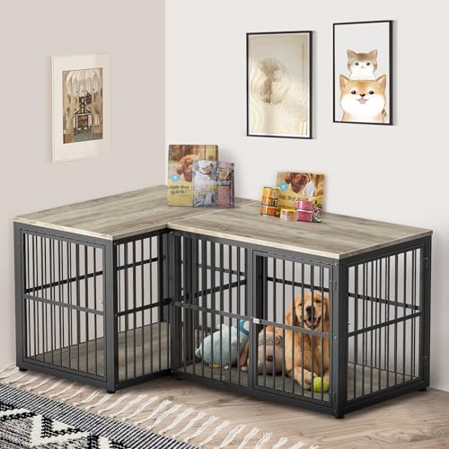 86.62''Dog Crate Furniture Large Breed TV Stand with Double Rooms,Wooden Dog Kennel Dog Crate End Table with Removable Divider for Large Medium Dogs