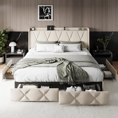 Queen Bed Frame with 4 Storage Drawers and Charging Station, Upholstered Platform Bed Frame with Storage Headboard, No Box Spring Needed