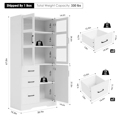 HIFIT 2 Pack Tall Bookshelves and Bookcases with Glass Display Cabinet Doors and 3 Drawers, Floor Standing Wood Storage Cabinet with Shelves