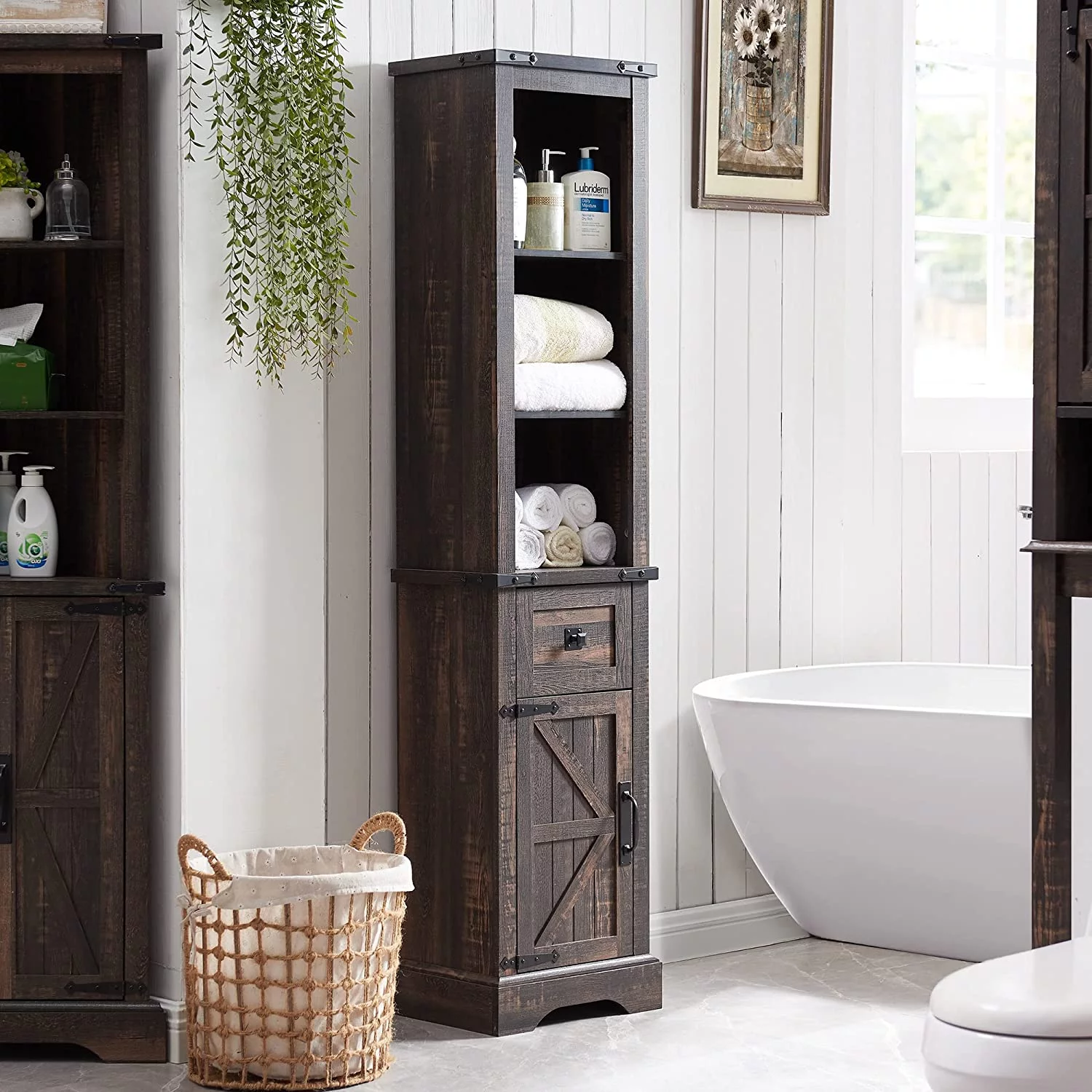 OKD Bathroom Storage Cabinet, Narrow Tall Cabinet Storage Tower with Door and Drawer, Dark Rustic Oak - Radiant Selections