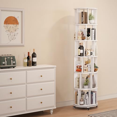 6 Tier Rotating Bookshelf Tower Spinning Bookshelf with Swivel Wheels Book Shelf Rotating Storage Tower for Kids Adult Narrow Walnut Solid Wood