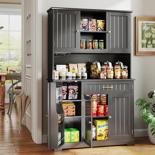 Gizoon 67.7" Kitchen Pantry Cabinet with Microwave Shelf Tall Coffee Bar Cabinet with Storage Kitchen Hutch with Countertop for Dining Room and Craft