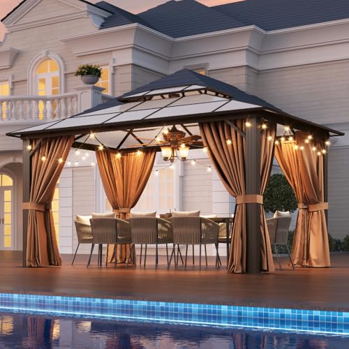 Aoxun 12'x16' Hardtop Gazebo, Aluminum Frame Permanent Pavilion with Netting and Curtains, Outdoor Polycarbonate Double Roof Canopy