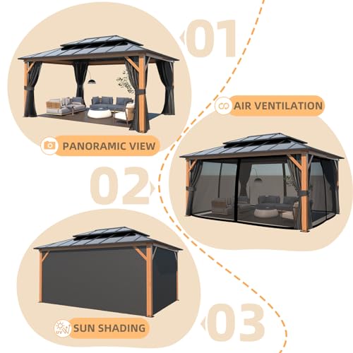 YOLENY 10'x13' Hardtop Gazebo, Outdoor Polycarbonate Double Roof Canopy, Aluminum Frame Permanent Pavilion with Curtains and Netting