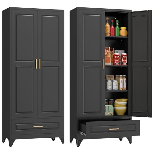Pantry Cabinet, 71 Inch Tall Kitchen Storage Cabinet, Metal Pantry Cabinet with Doors and Adjustable Shelves, Black Food Cupboard