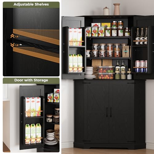 IRONCK Corner Cabinet, 72" Kitchen Pantry Cabinet, 6-Tier Farmhouse Pantry with 4 Adjustable Shelves, 240° Swivel Doors, 2 Doors Storage