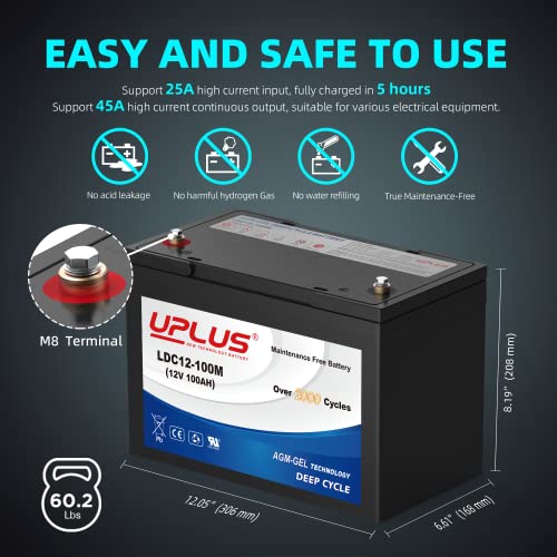 UPLUS 12V 100Ah Deep Cycle Battery, LDC12-100M Maintenance Free BCI Group 27 Size Rechargeable AGM Gel Batteries for Solar, RV, Golf Cart, Mobility