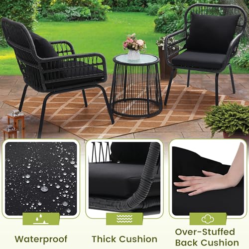 3 Piece Rattan Wicker Bistro Set, Outdoor Conversation Furniture Set with Glass Top Table, Space Saving for Balcony, Backyard, Natural