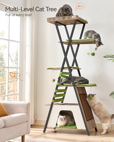 FourFurPets 72.4" Modern Cat Tower for Indoor Cats - Multi-Level Condo With Caves, Tall Tree With Scratching Board, Wooden Tower With Large Perch
