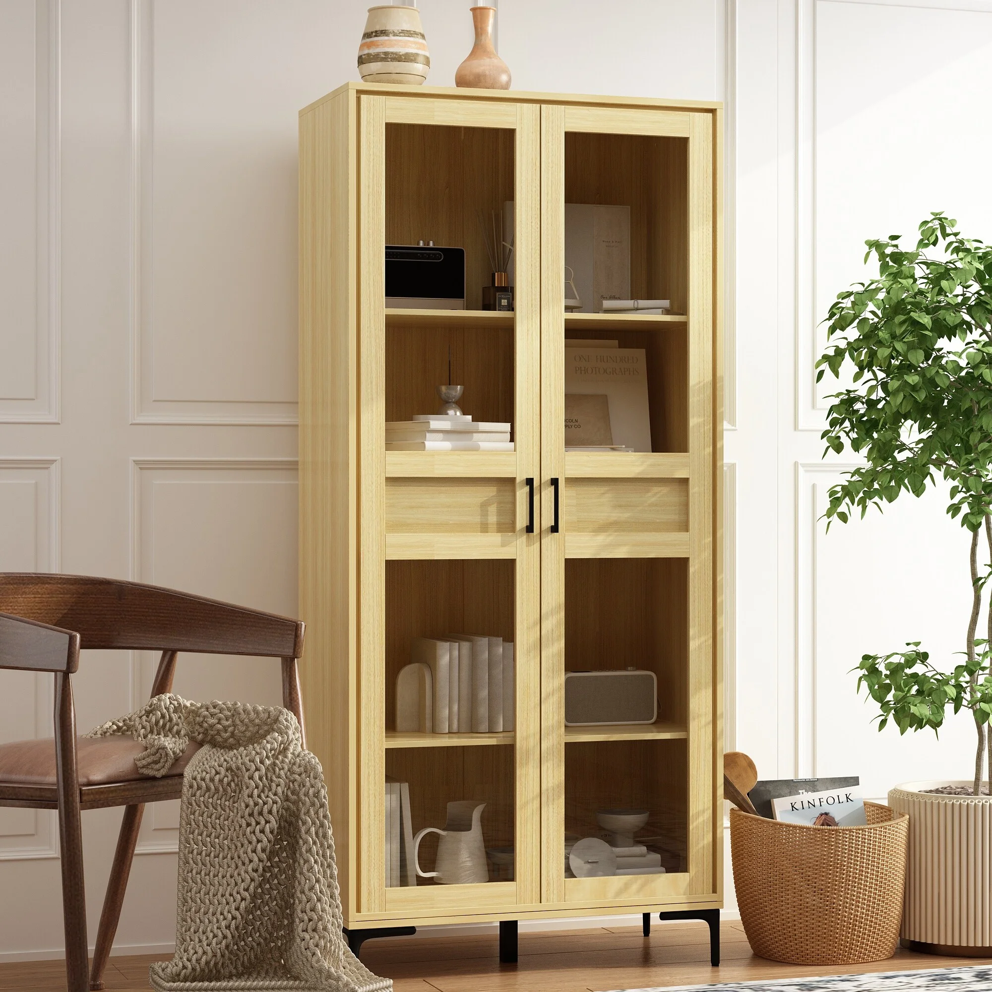 Glass Door Curio Cabinet - Light Wood Finish Home Storage Bookshelf - 31.5"x70.9"
