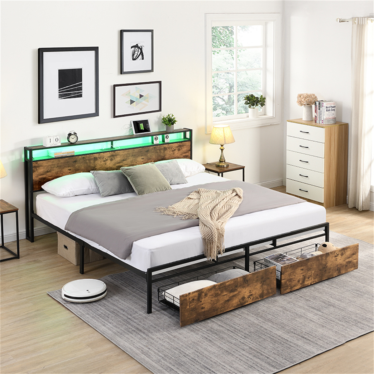 Full Bed Frame, Storage Headboard with Charging Station, Solid and Stable, Noise Free, No Box Spring Needed, Easy Assembly