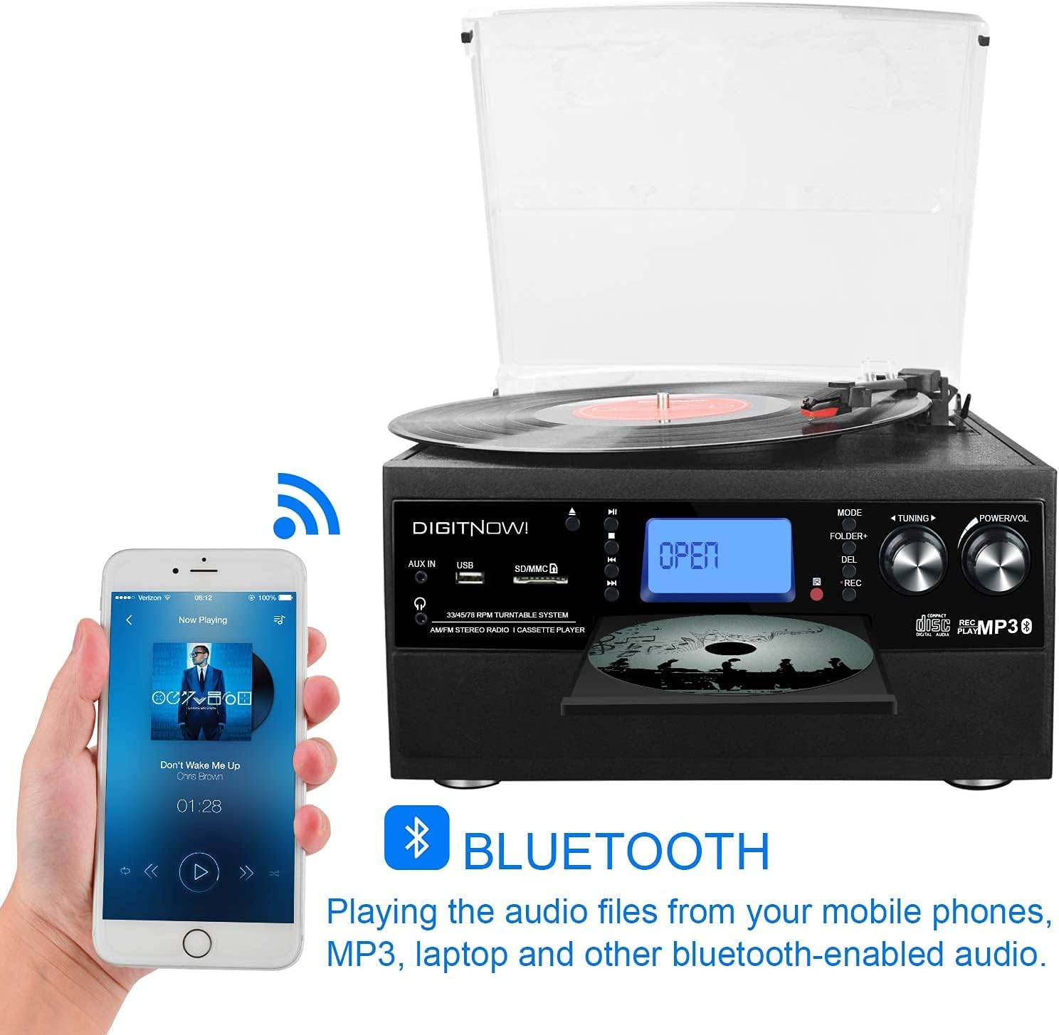 DIGITNOW Bluetooth Record Player Turntable with Stereo Speaker, LP Vinyl to MP3 Converter with CD, Cassette, Radio, Aux in and USB/SD Encoding