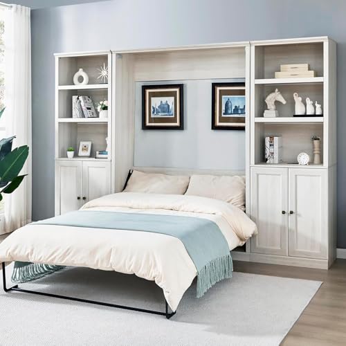MERITLINE Queen Size Murphy Bed with Storage Bookcase Shelves,Cabinet and Charging Station,Wood Folding White Murphy Wall Bed