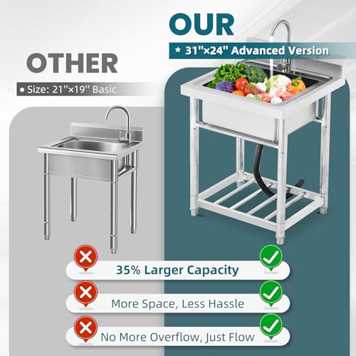 Utility Sink Stainless Steel Free Standing Single Bowl Laundry Outdoor Commercial Kitchen Sink with Cold Hot Pipe for Bar, Garage, Restaurant