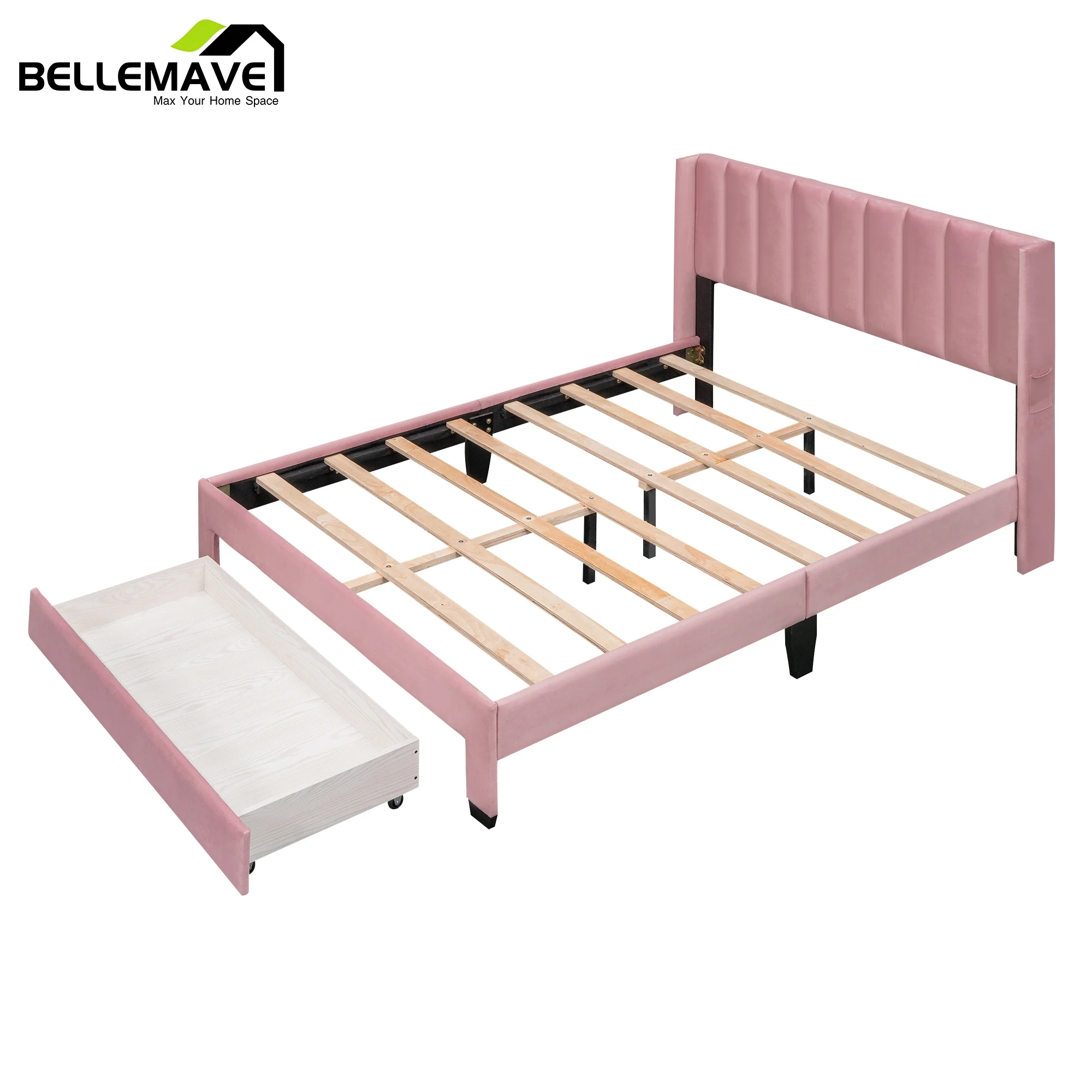 Bellemave Queen Size Pink Velvet Upholstered Wood Platform Bed with a Big Drawer and Soft Headboard