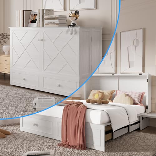 PUREMIND Queen Murphy Bed with Storage Drawers, Camas Con Colchon Incluido, Hideaway Chest Beds with Built-in Charging Station