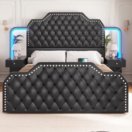 Itaar Queen Bed Frame with 53" Tall Headboard and 4 Storage Drawers, PU Leather Upholstered Platform Bed Frame, Built in Charging Station & Led
