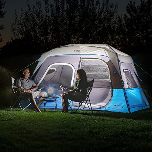 CORE Instant Cabin Tents with LED Lights | 6 Person / 9 Person / 12 Person Family Multi Room Lighted Pop Up Tents for Camping | Included Storage