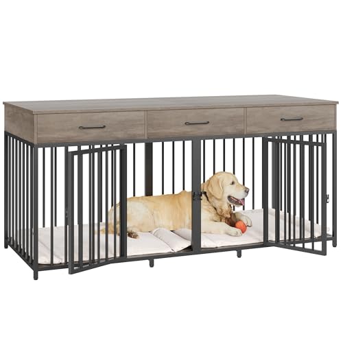 HOSTACK Double Dog Crates Furniture, 71" Wide Indoor Dog Kennel with 3 Drawers, Farmhouse Dog Cage for 2 Large/Medium Dogs