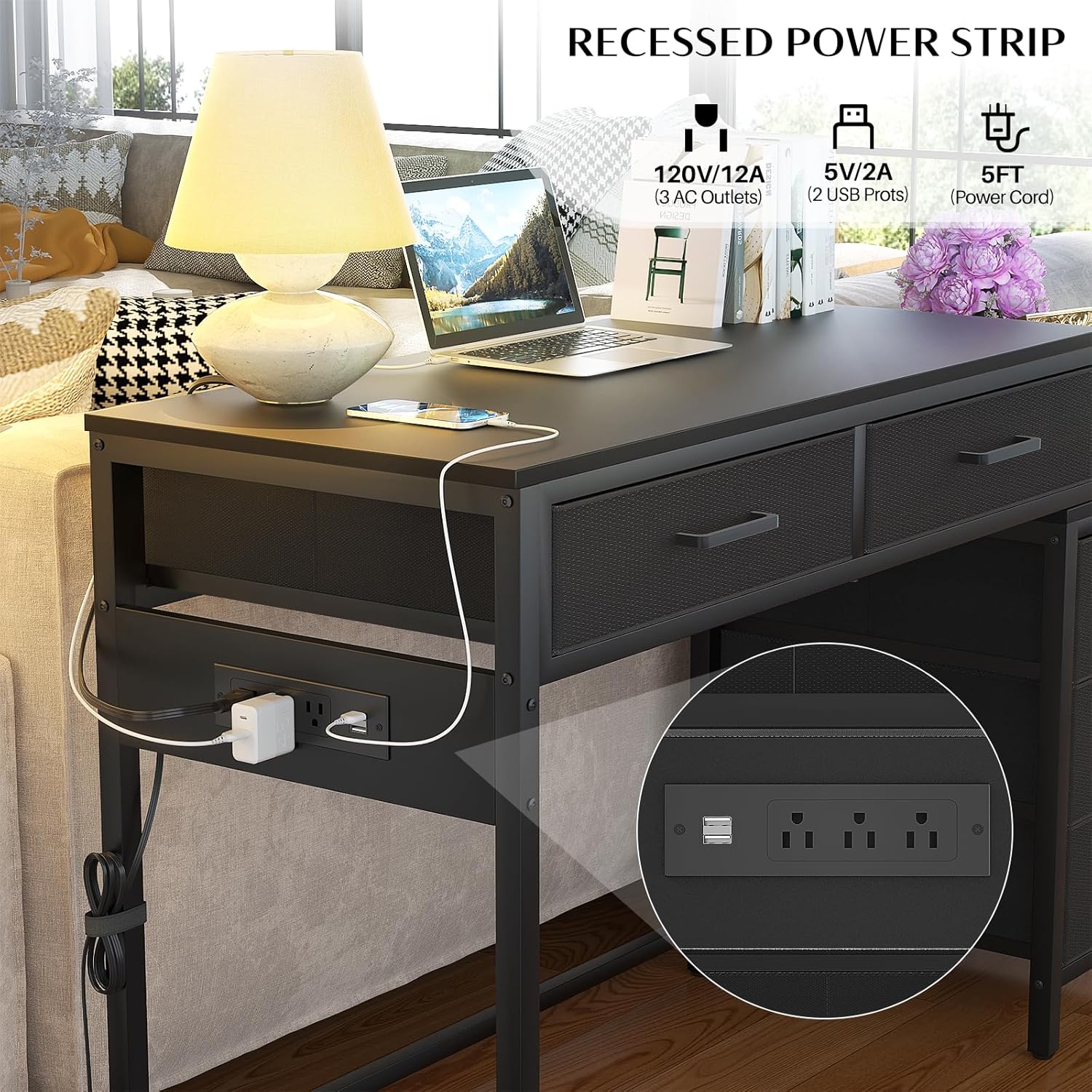 Computer Desk with 5 Drawers, Reversible Office Desk with Power Outlets and USB Charging Ports