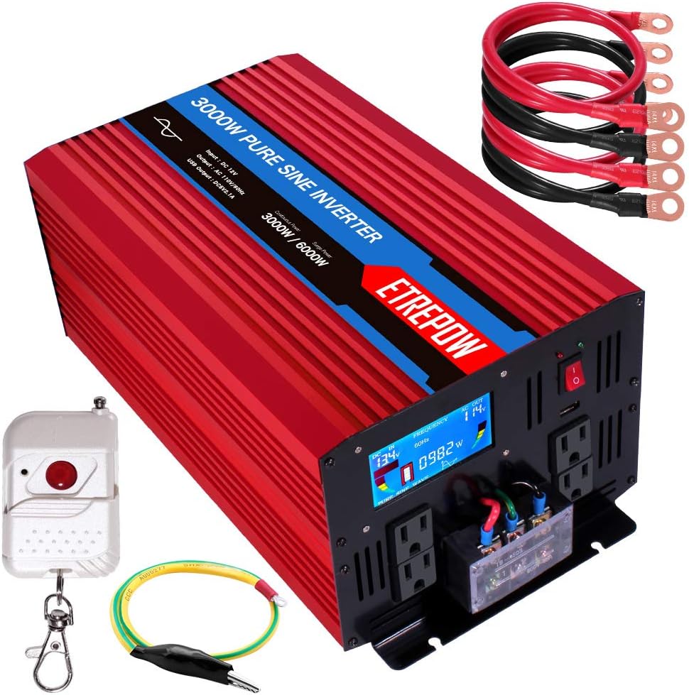 ETREPOW 3000 Watt Pure Sine Wave Inverter 12V to 110V 120V with LCD Display, 4 AC Sockets, 2.1A USB Port