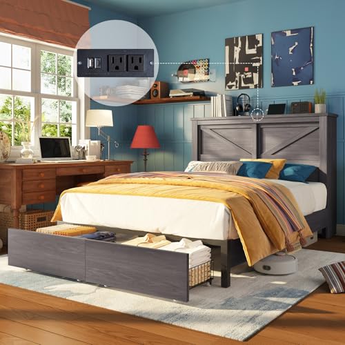 AMERLIFE 47.2" H King Bed Frame with Hidden Space Bookcase Headboard and Charging Station, Beds with 2 Storage Drawers and Wood Slats