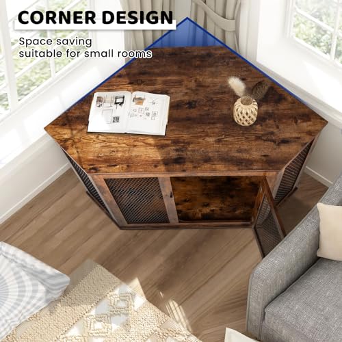 VITESSE Corner Dog Crate Furniture, 44/52inch Durable Wooden Dog Kennel End Table, Indoor Decorative Puppy Kennel with Metal Mesh