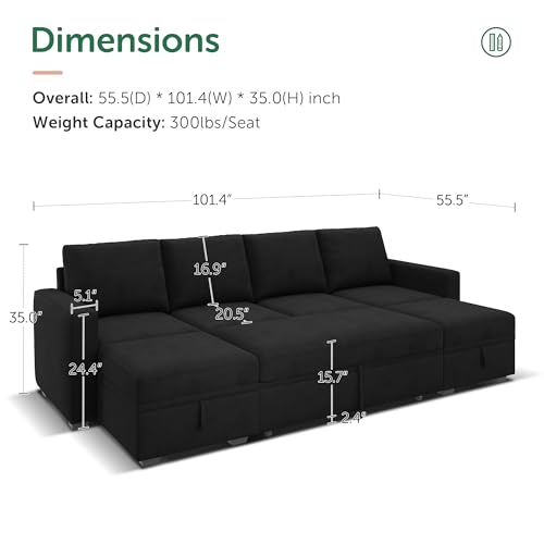 HONBAY Modular Sectional Sleeper Sofa Bed, Velvet Sectional Couch with Pullout Bed U Shaped Modular Couch with Storage Ottoman for Living Room, Black