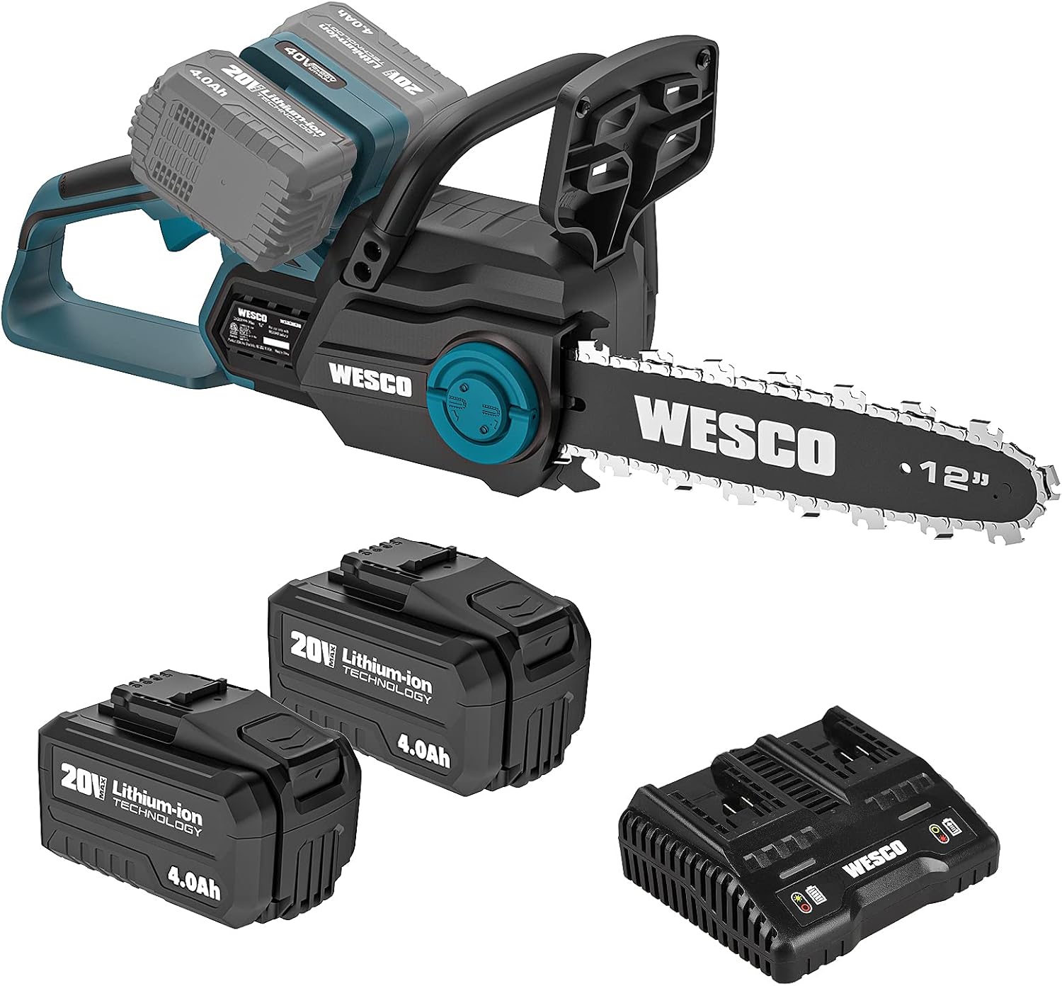 Cordless Chainsaw, WESCO 20V Chainsaw, 10-Inch Bar, 4.0 AH Battery and Charger Included, Tool-Free Chain Tensioning, Auto Chain Lubrication