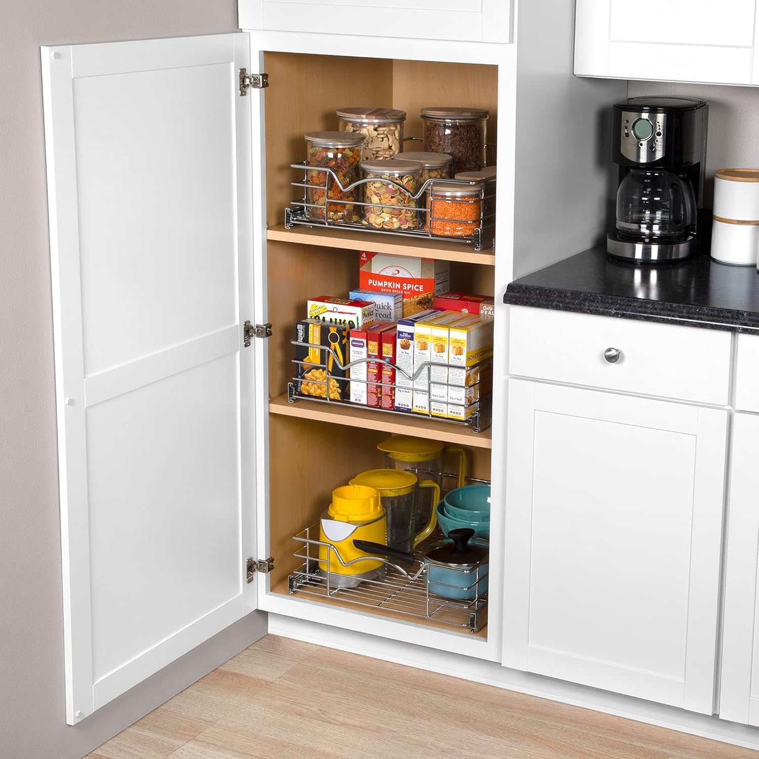 Heavy Duty Pantry Pull Out Cabinet Organizer Basket 5” High –5 Year Limited Warranty- Slide Out Drawer Shelf for Pots, Pans, Cans, jars, Canisters