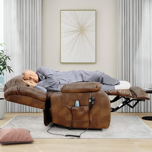 EDILLY Large Genuine Leather Power Lift Recliner Chairs for Elderly, Dual Motor with Massage and Heating,Double Lumbar Cushion and Extended Footrest
