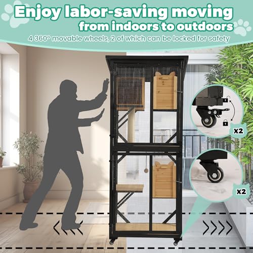 71" H Cat Catio Outdoor Cat Enclosure Window, 4 Tiers Cats Wooden House Cage on Wheels, Large Catios for Cats Indoor Patio with Waterproof Roof