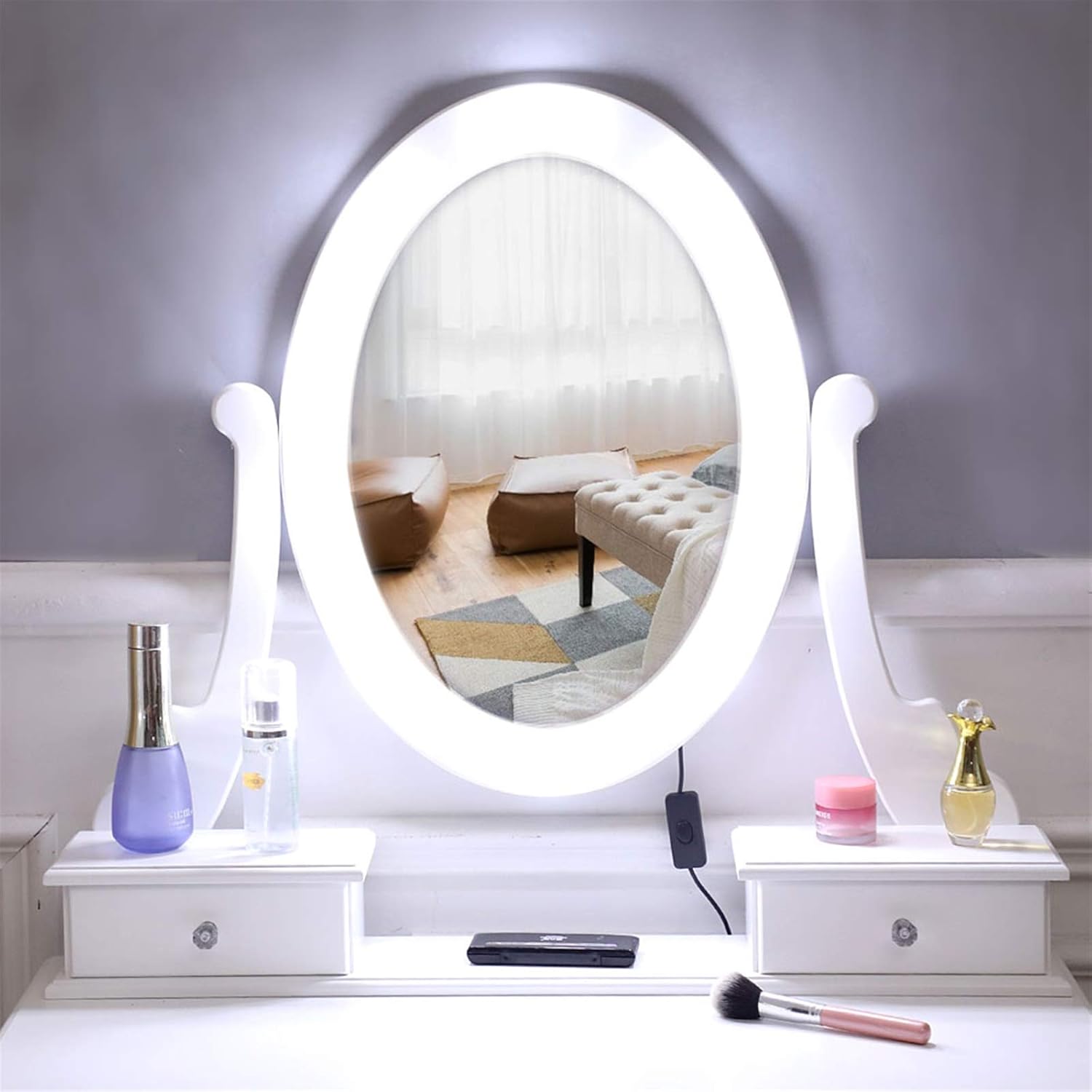 White Lighted Makeup Vanity Set - Makeup Desk with 360° Rotating Oval Mirror and Cushioned Stool - Make-up Vanity Station with Removable Top