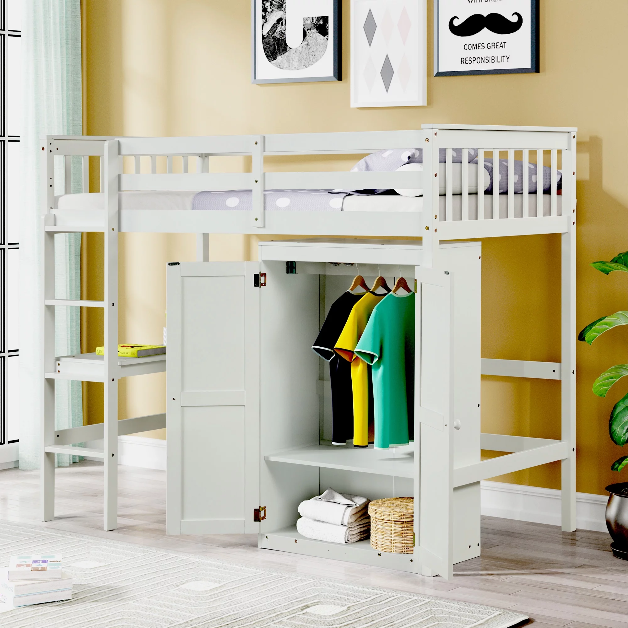iRerts Loft Bed Frame for Girls Boys, Kids Twin Loft Bed Frame with Desk and Wardrobe, White Space Saving Loft Bed with Full Length Guardrail