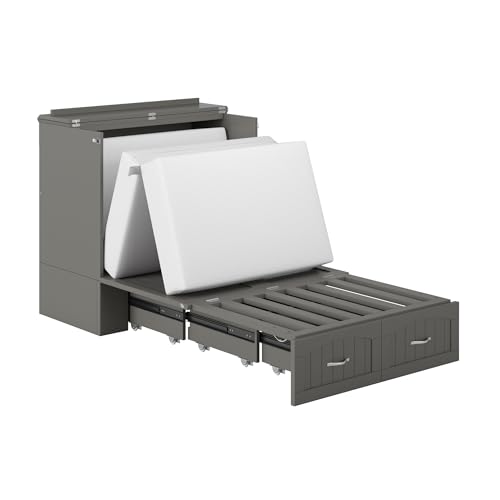 AFI Southampton Queen Murphy Bed Chest with Mattress, Storage, and Built-in Charger in Grey