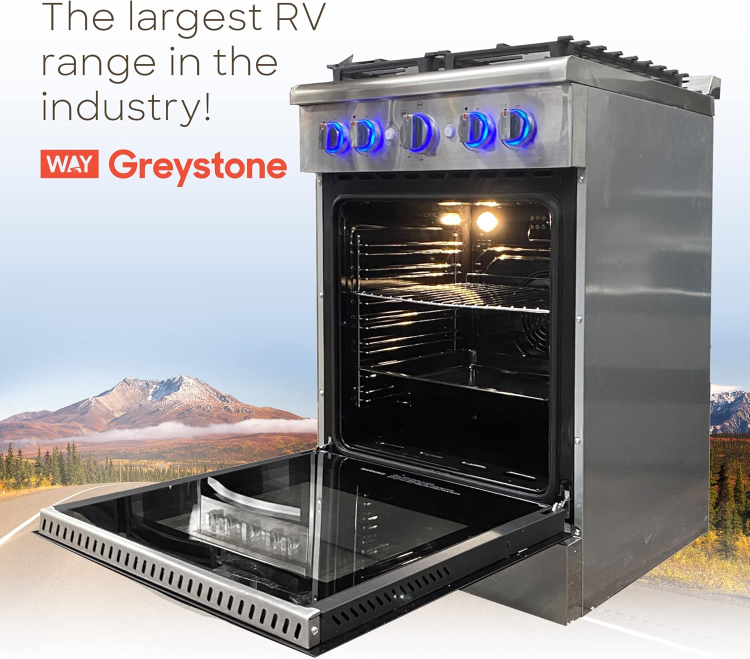Greystone, 110 Volt RV Gas Range and Cooktop, Stove and Oven Combo, 24 Inch, LP Gas, Stainless Steel