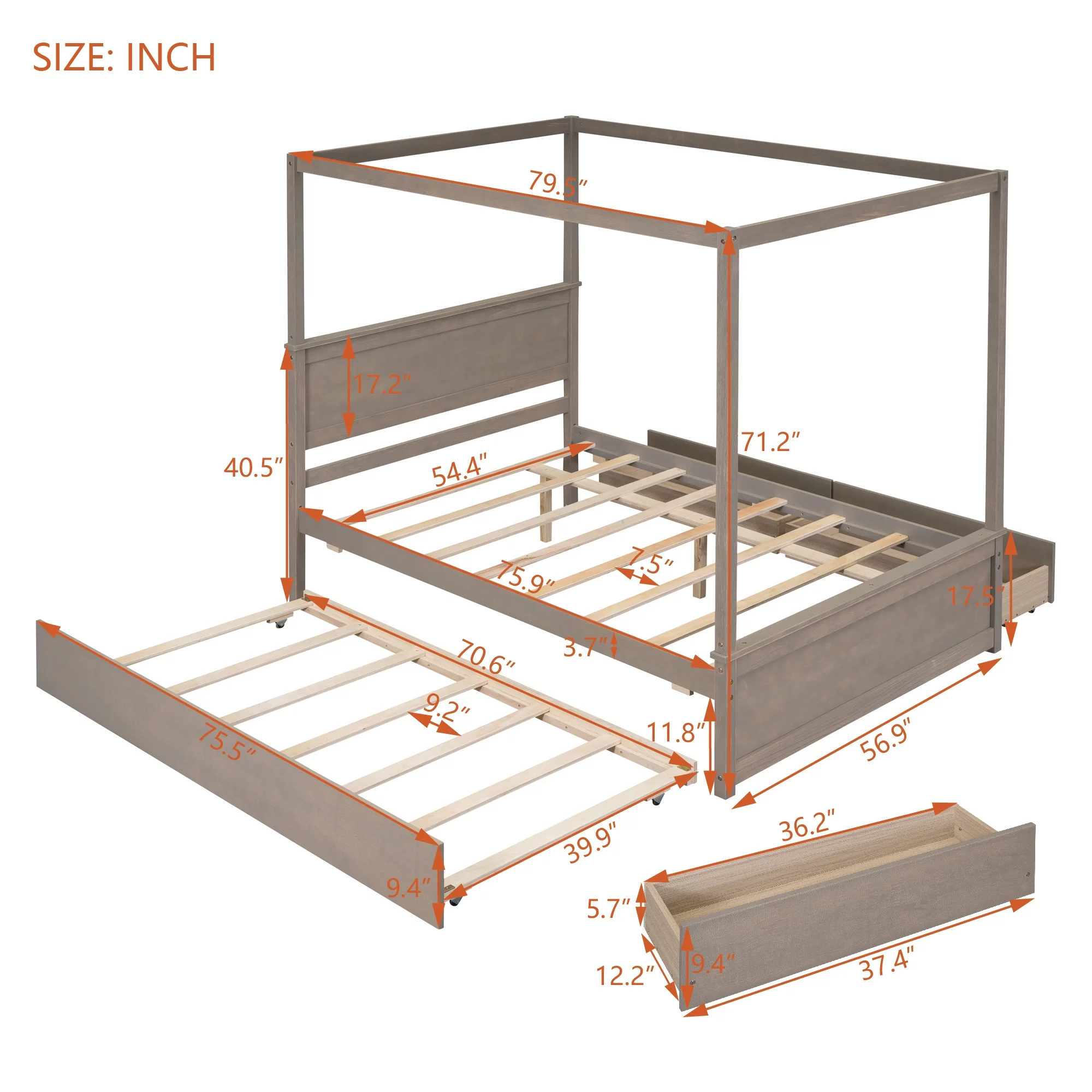 Nestfair Light Brown Full Size Wood Canopy Platform Bed with 2 Drawers and Trundle