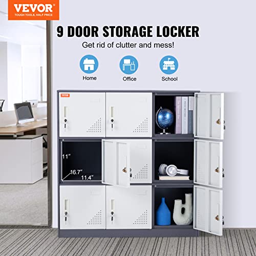 VEVOR Metal Locker for Employees, 9 Doors Storage Cabinet with Card Slot, Gray Steel Employee Lockers with Keys