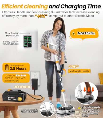 qimedo 800RPM Cordless Electric Mop, 6000mAh Battery Electric Power Scrubber & Mops for Floor Cleaning, Best Automatic Spin Mops with Smart Display