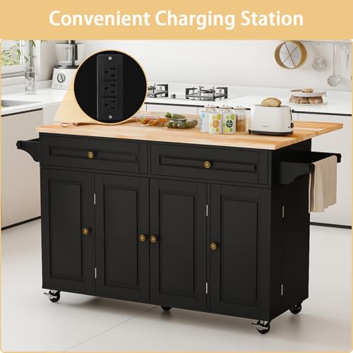 67’’ Movable Kitchen Island with Drop Leaf and Power Outlet, Lockable Sliding Countertop Rolling Island Cart with 2 Large Drawers, Spice, Towel Rack